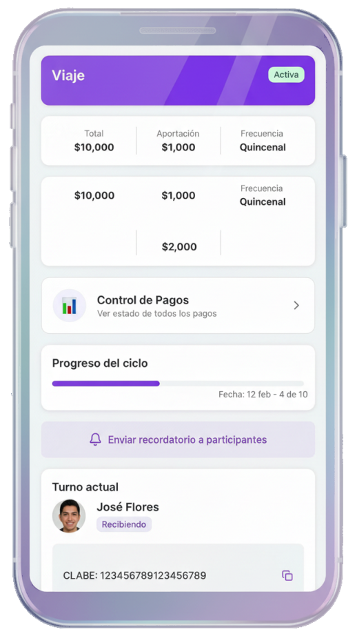 Vista de Tanda+: resumen de tanda, control de pagos, progreso del ciclo y turno actual